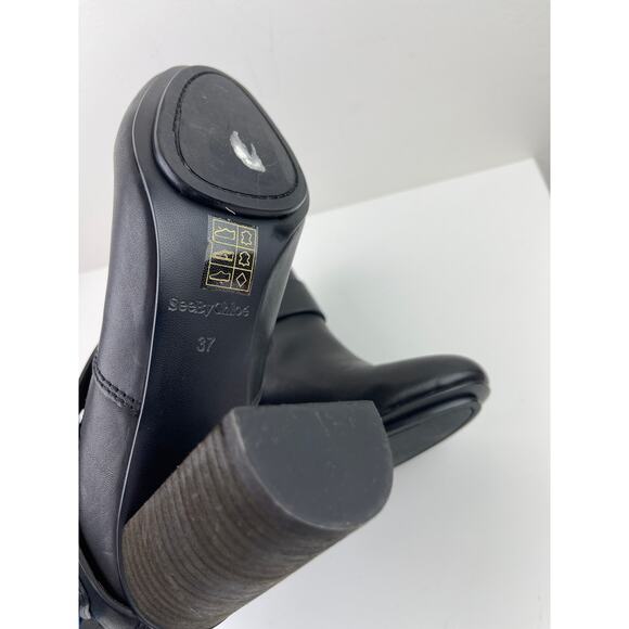 SEE By CHLOE Black Cappa Ankle Block Heel Booties Boots Buckle Leather 37 NEW - Picture 7 of 10